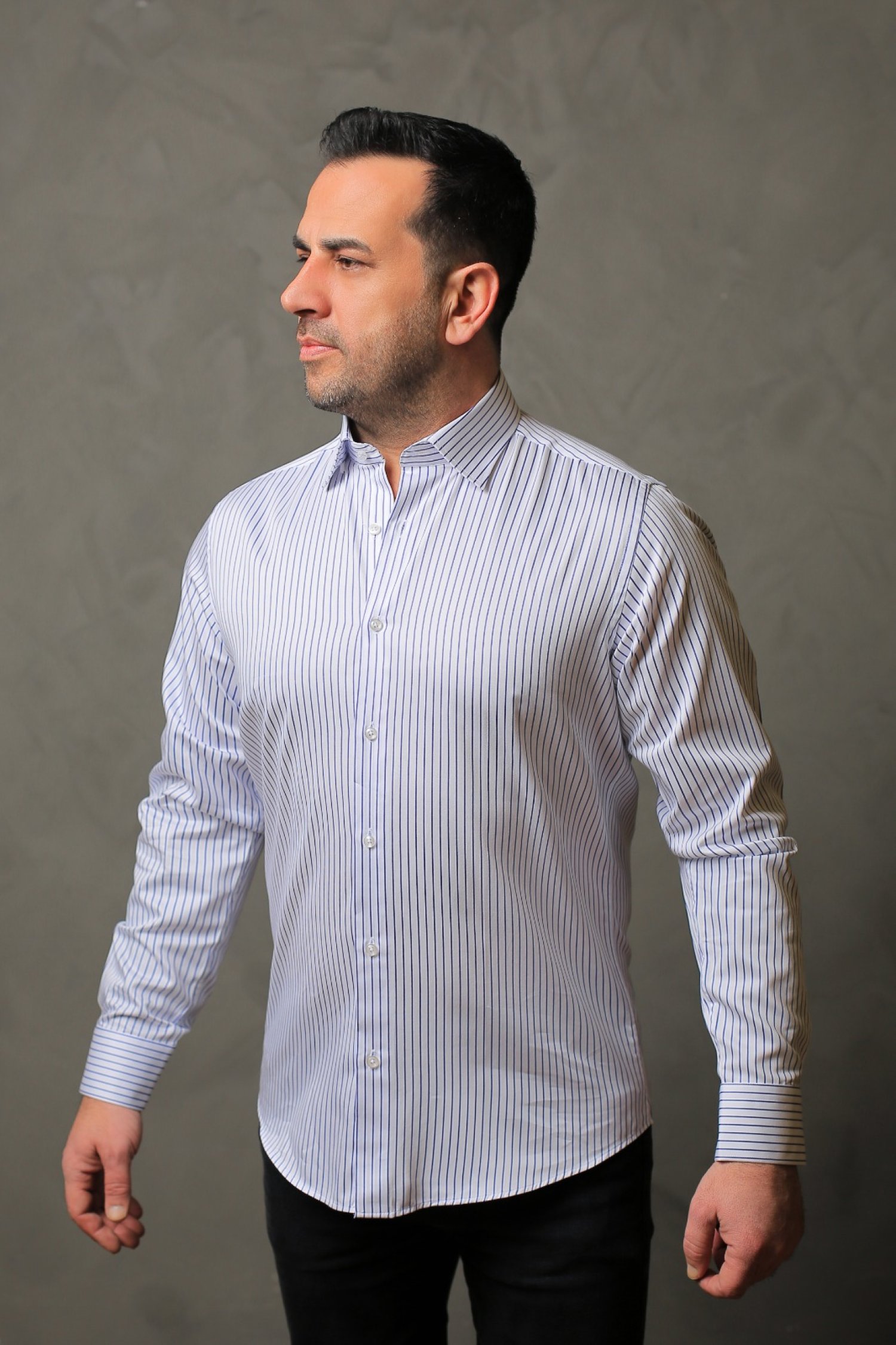 % 100 Pamuk Saten Lacivert Çizgili Beyaz Slim Fit Gömlek - S ULFS