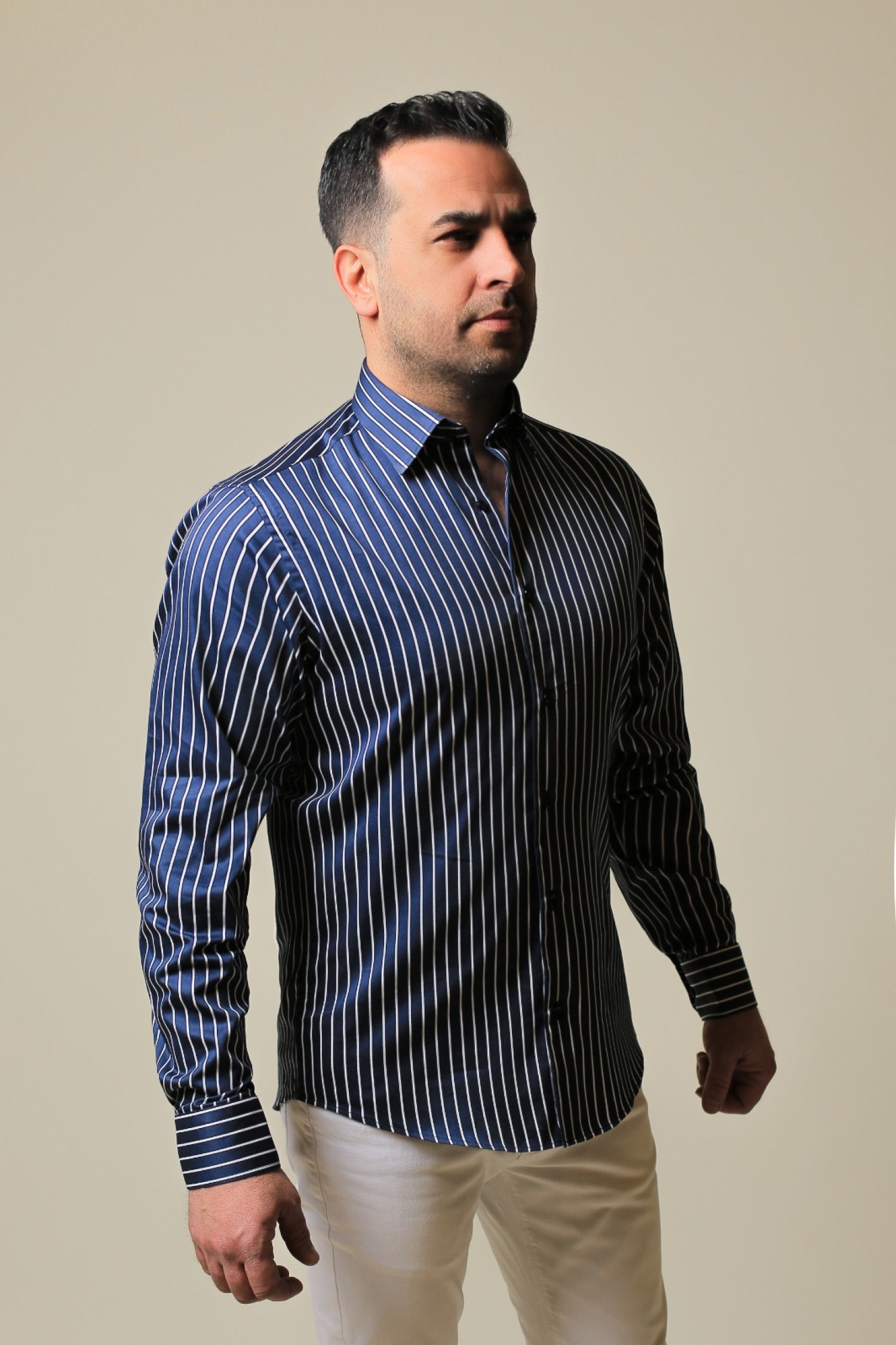 %100 Pamuk Saten Beyaz Çizgili Lacivert Slim Fit Gömlek - S 60B4