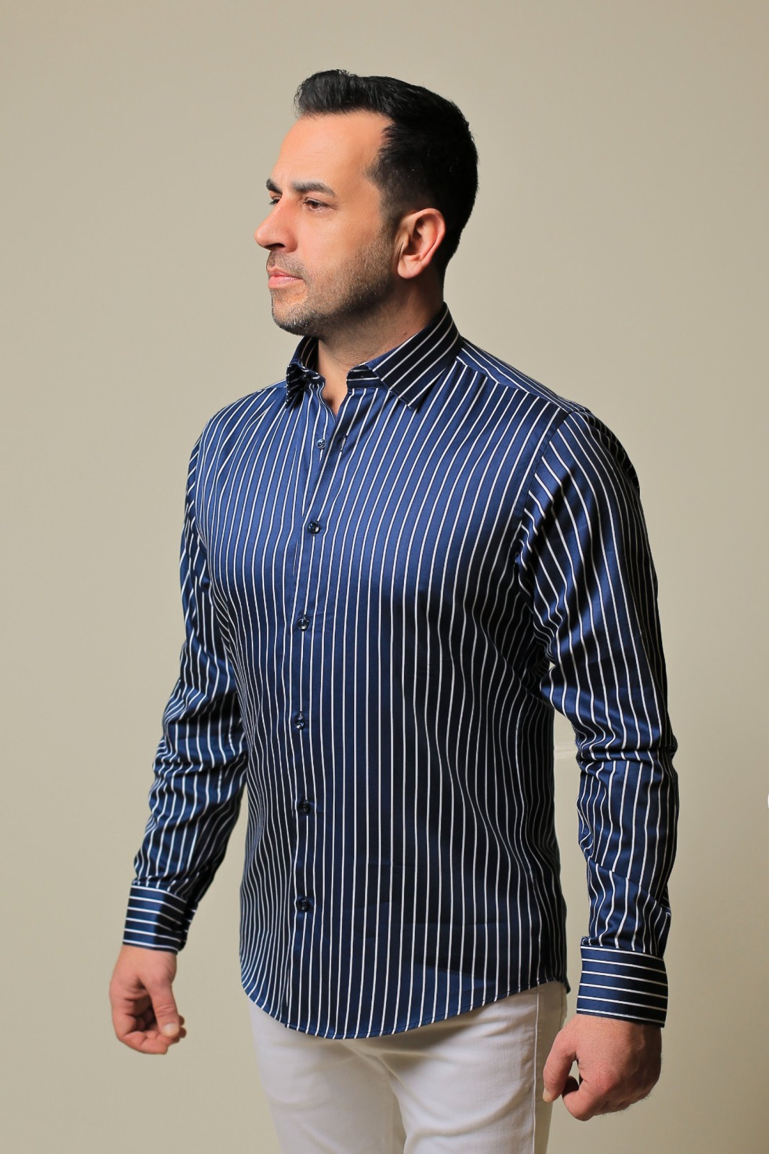 %100 Pamuk Saten Beyaz Çizgili Lacivert Slim Fit Gömlek - S 7I91