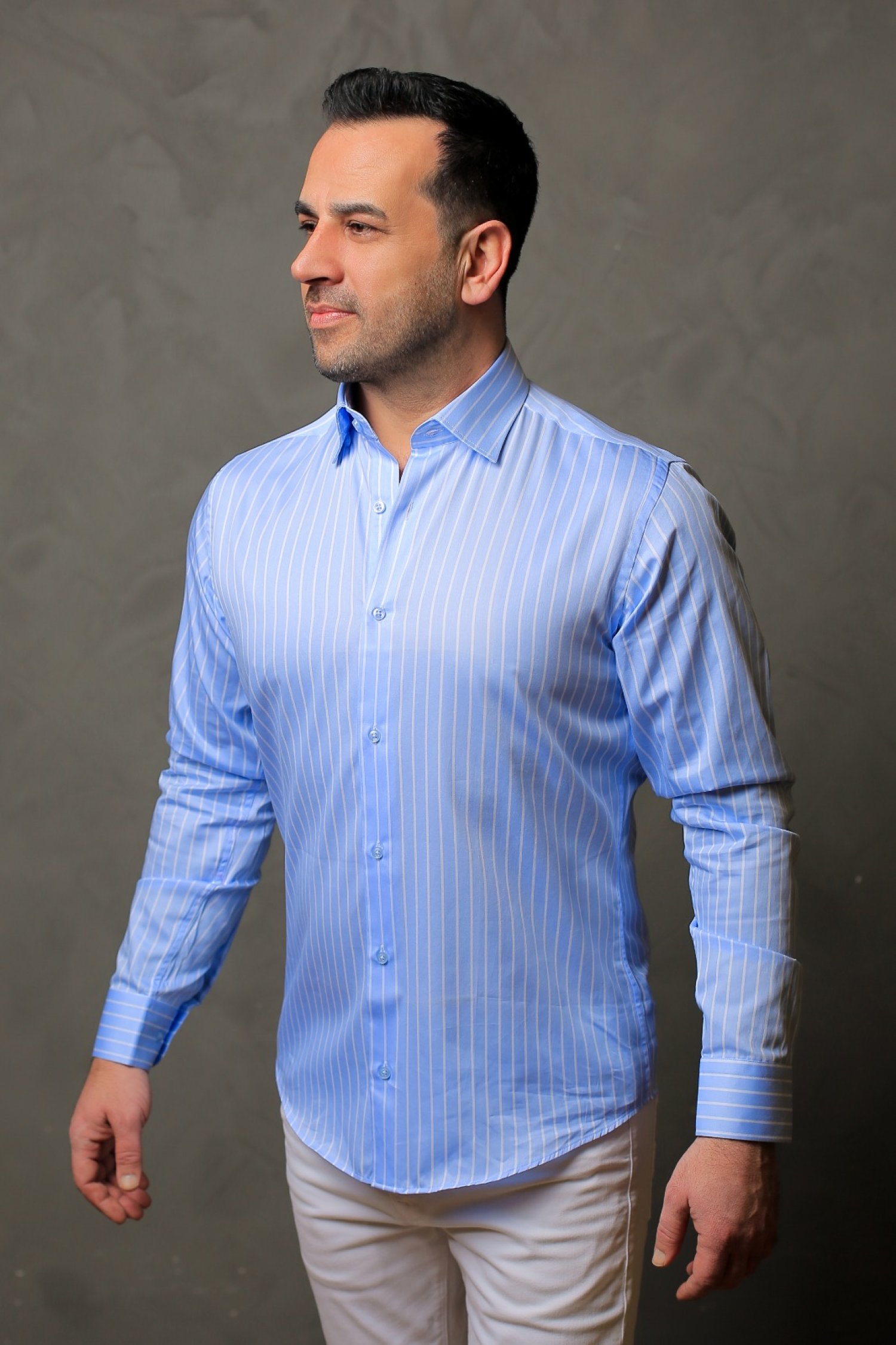 %100 Pamuk Saten Beyaz Çizgili Mavi Slim Fit Gömlek - S 99VE