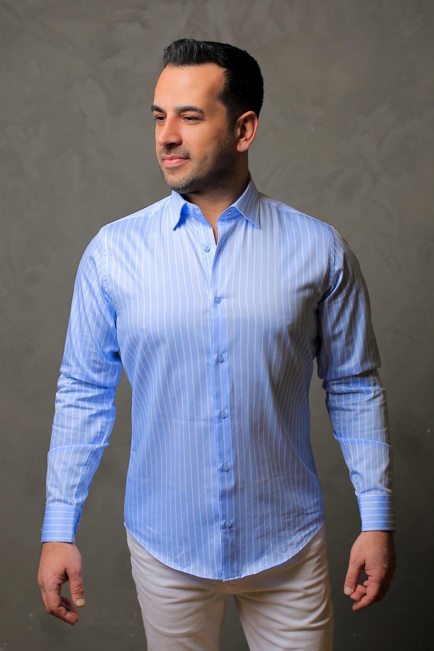 %100 Pamuk Saten Beyaz Çizgili Mavi Slim Fit Gömlek - S Q1DX