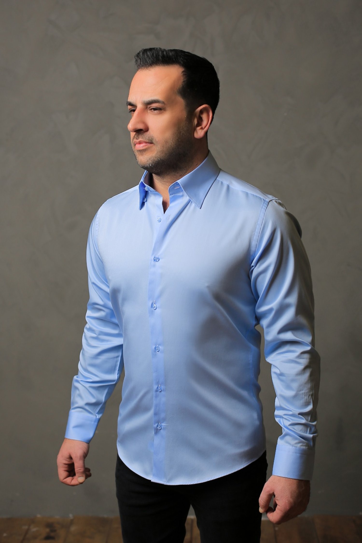 %100 Pamuk Saten Erkek Mavi Slim Fit Gömlek - S GOP5