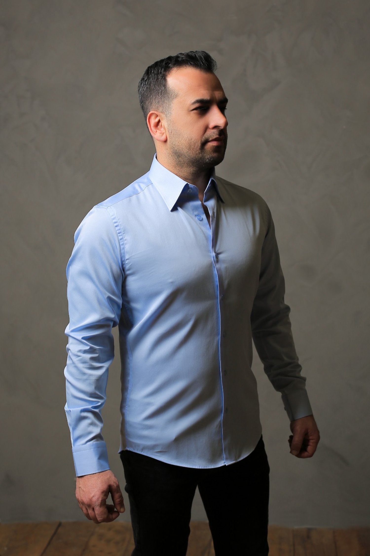 %100 Pamuk Saten Erkek Mavi Slim Fit Gömlek - S QK3Z