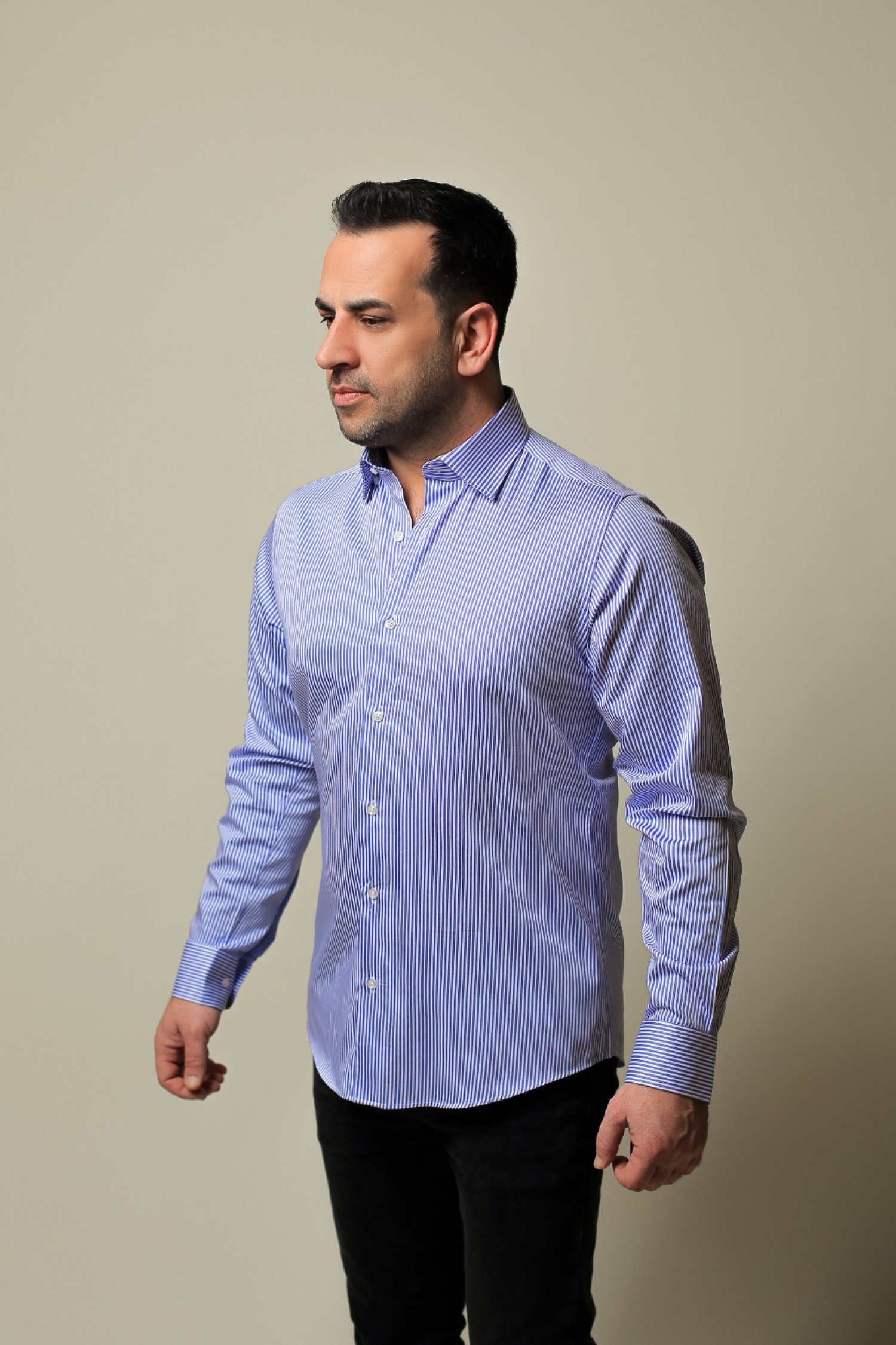 %100 PAMUK SATEN MAVİ İNCE ÇİZGİLİ SLİM FIT GÖMLEK - XL OALX