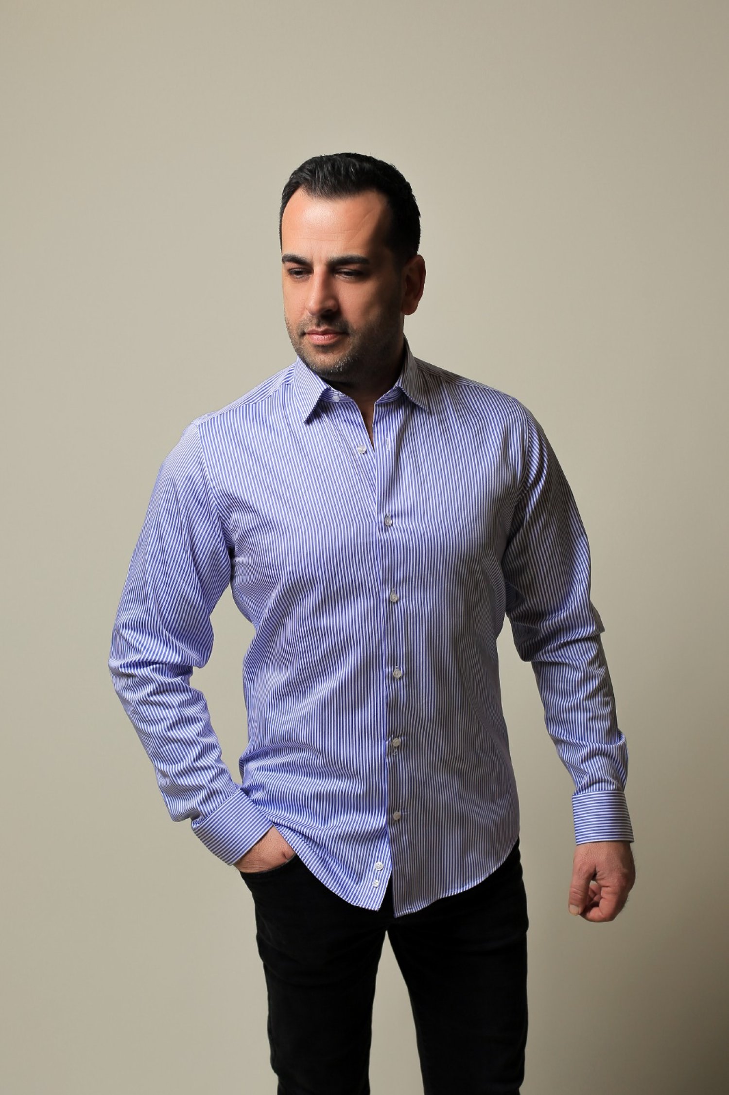 %100 PAMUK SATEN MAVİ İNCE ÇİZGİLİ SLİM FIT GÖMLEK - XL POHC