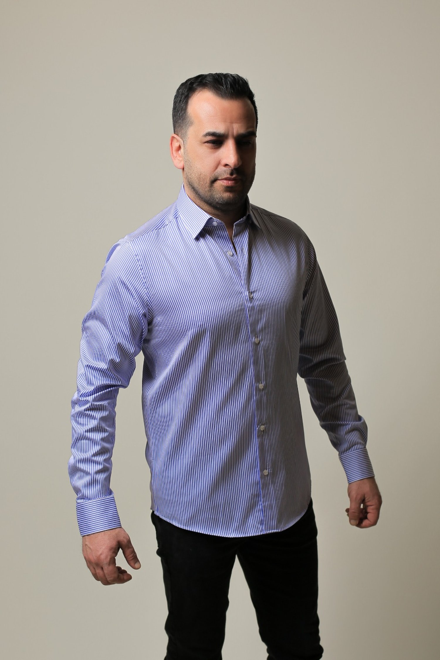%100 PAMUK SATEN MAVİ İNCE ÇİZGİLİ SLİM FIT GÖMLEK - XL UQU9