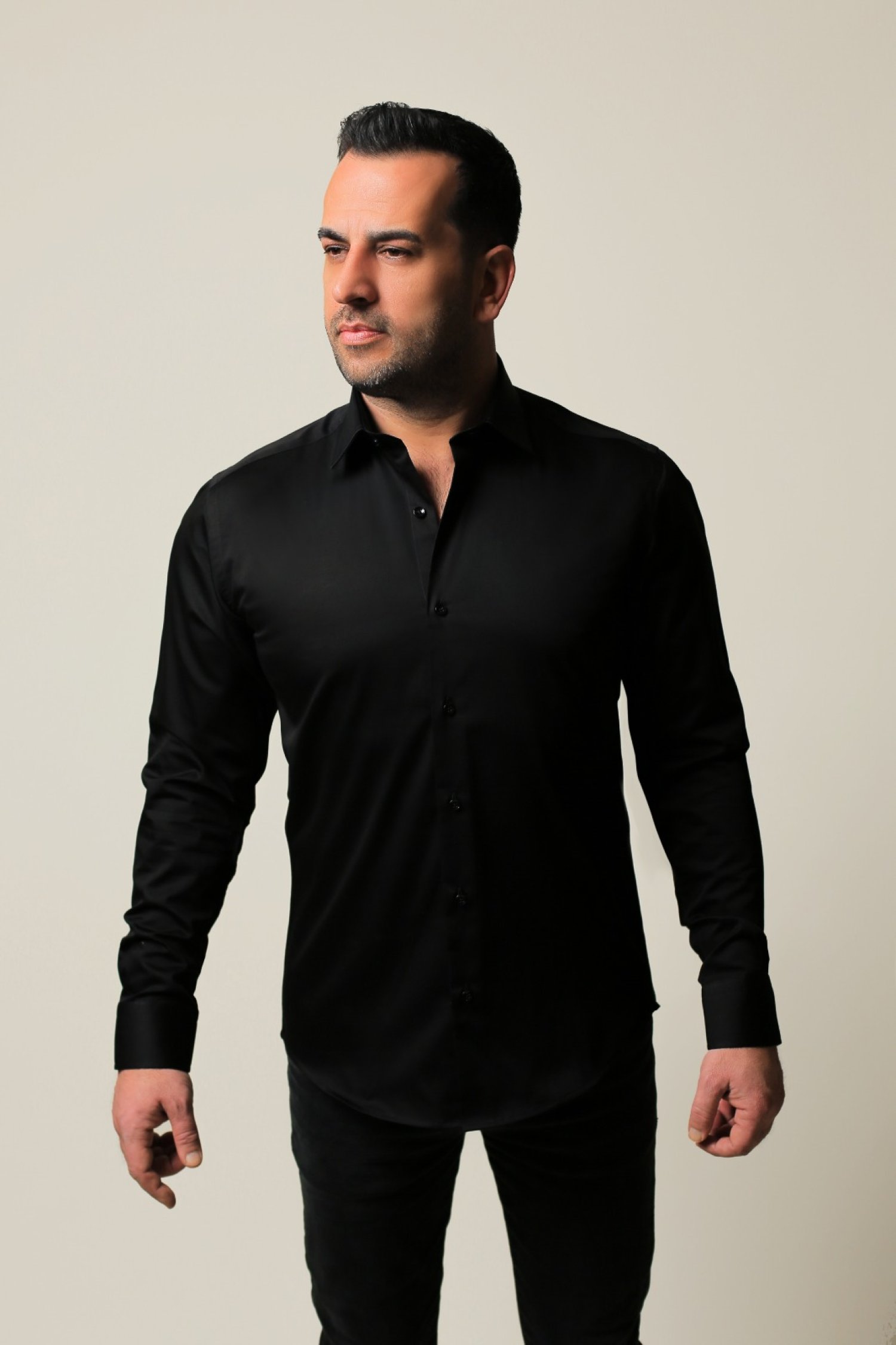 %100 Pamuk Saten Siyah Slim Fit Gömlek - M JL06