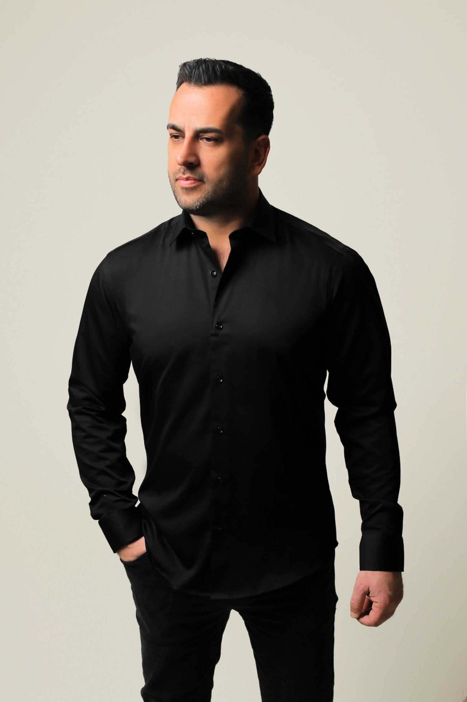 %100 Pamuk Saten Siyah Slim Fit Gömlek - M PVQE