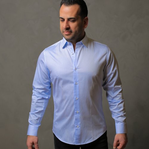 % 100 PAMUK SATEN AÇIK MAVİ ÇİZGİLİ SLİM FIT GÖMLEK - S E8ZU