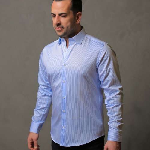 % 100 PAMUK SATEN AÇIK MAVİ ÇİZGİLİ SLİM FIT GÖMLEK - S WBB9