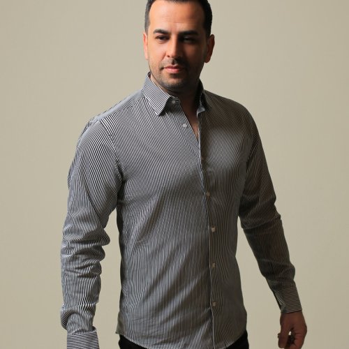 % 100 Pamuk Saten Siyah İnce Çizgili Slim Fit Gömlek - S DBC1