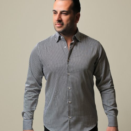 % 100 Pamuk Saten Siyah İnce Çizgili Slim Fit Gömlek - S O1CP