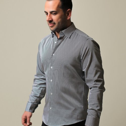 % 100 Pamuk Saten Siyah İnce Çizgili Slim Fit Gömlek - S SO63