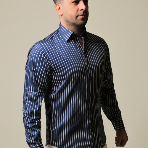 %100 Pamuk Saten Beyaz Çizgili Lacivert Slim Fit Gömlek - S 60B4