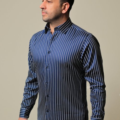 %100 Pamuk Saten Beyaz Çizgili Lacivert Slim Fit Gömlek - S 7I91