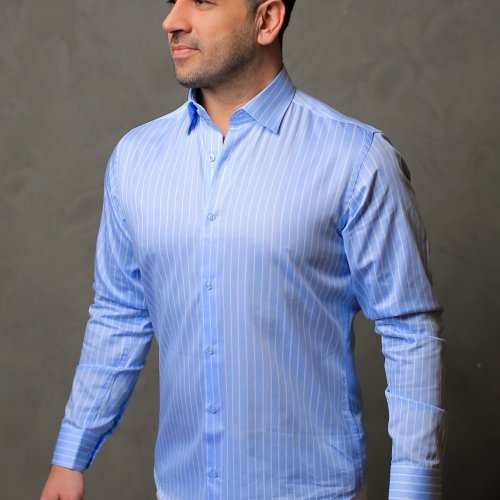 %100 Pamuk Saten Beyaz Çizgili Mavi Slim Fit Gömlek - S 99VE