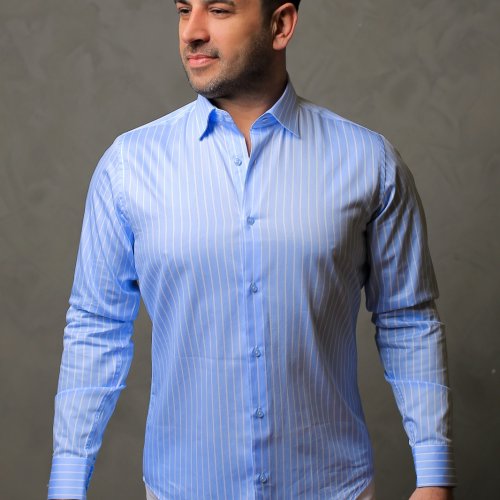 %100 Pamuk Saten Beyaz Çizgili Mavi Slim Fit Gömlek - S Q1DX