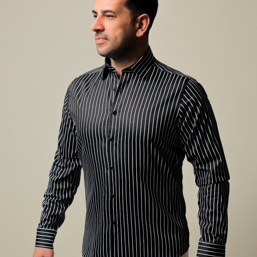 %100 Pamuk Saten Beyaz Çizgili Siyah Slim Fit Gömlek - S RD7H