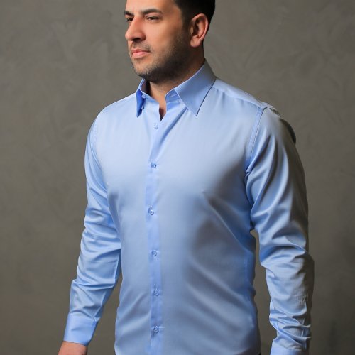 %100 Pamuk Saten Erkek Mavi Slim Fit Gömlek - S GOP5