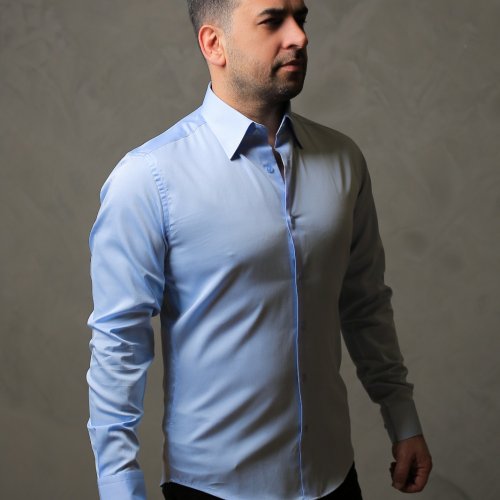 %100 Pamuk Saten Erkek Mavi Slim Fit Gömlek - S QK3Z