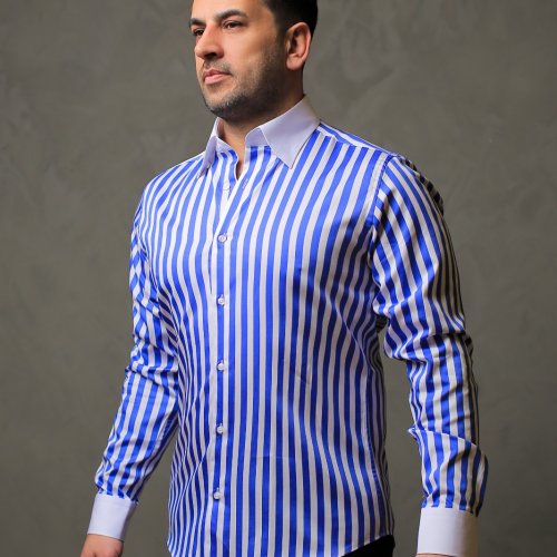 %100 Pamuk Saten Manşet Mavi Çizgili Slim Fit Gömlek  - XL BE6V