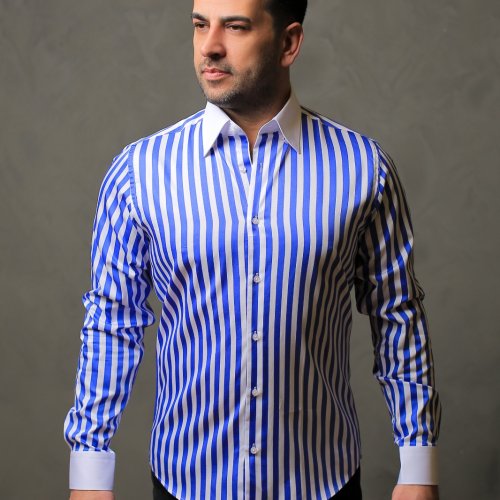 %100 Pamuk Saten Manşet Mavi Çizgili Slim Fit Gömlek  - XL HVN6