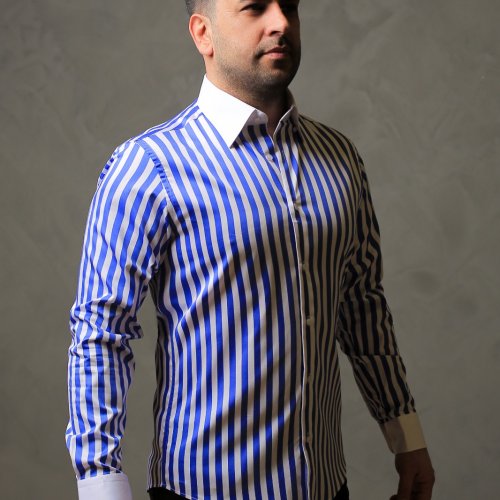 %100 Pamuk Saten Manşet Mavi Çizgili Slim Fit Gömlek  - XL OVIL