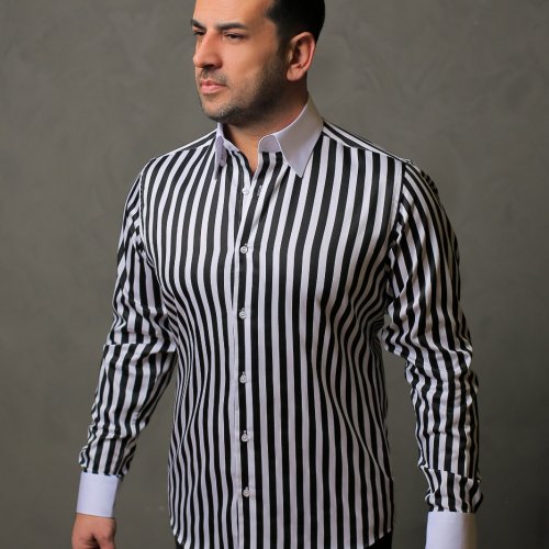 %100 Pamuk Saten Manşet Siyah Çizgili Slim Fit Gömlek - S 1UV2