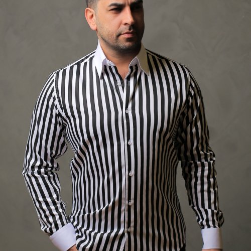 %100 Pamuk Saten Manşet Siyah Çizgili Slim Fit Gömlek - S EKC2