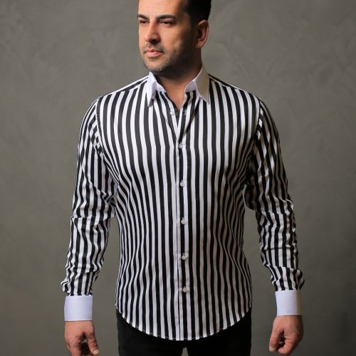 %100 Pamuk Saten Manşet Siyah Çizgili Slim Fit Gömlek - S X7C5