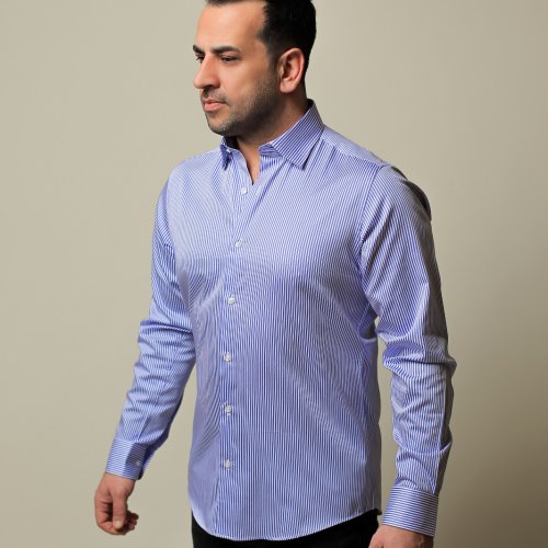 %100 PAMUK SATEN MAVİ İNCE ÇİZGİLİ SLİM FIT GÖMLEK - XL OALX