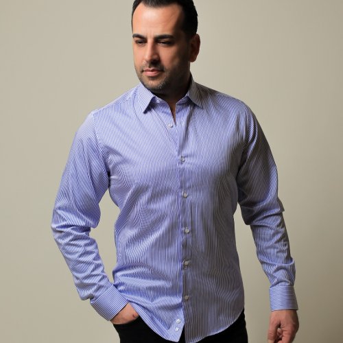 %100 PAMUK SATEN MAVİ İNCE ÇİZGİLİ SLİM FIT GÖMLEK - XL POHC