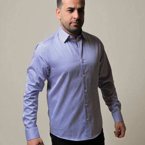 %100 PAMUK SATEN MAVİ İNCE ÇİZGİLİ SLİM FIT GÖMLEK - XL UQU9
