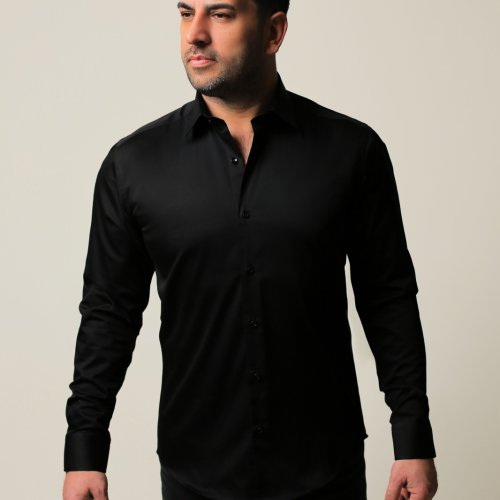 %100 Pamuk Saten Siyah Slim Fit Gömlek - M JL06
