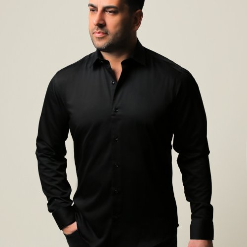 %100 Pamuk Saten Siyah Slim Fit Gömlek - M PVQE