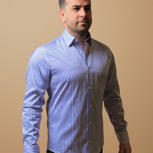 %100 PAMUK SATEN SLİM FIT MAVİ KALIN ÇİZGİLİ GÖMLEK - S EUWZ